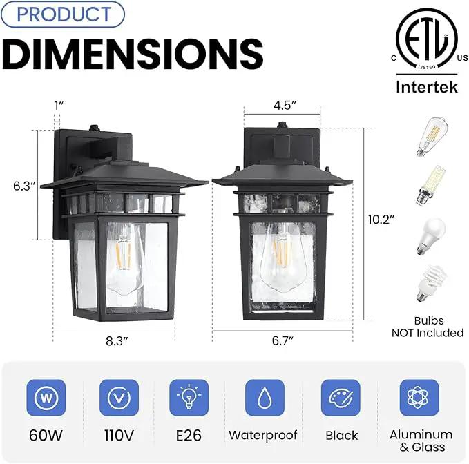 Outdoor Wall Lantern, Exterior Lighting Fixtures Wall Mount, 2 Pack Black Outdoor Sconce with Seeded Glass, Dusk to Dawn Exterior Porch/Patio Lights for House Front Door Garage by GreenHaven Gardens