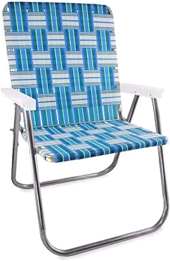 Lawn Chair USA Folding Aluminum Outdoor Patio Lawn Chair | Heavy-Duty Webbed Chairs for Camping, Sports, Beach, Yard & Tailgating | Lightweight Portable | Magnum - Sea Island with White Arms by GreenHaven Gardens