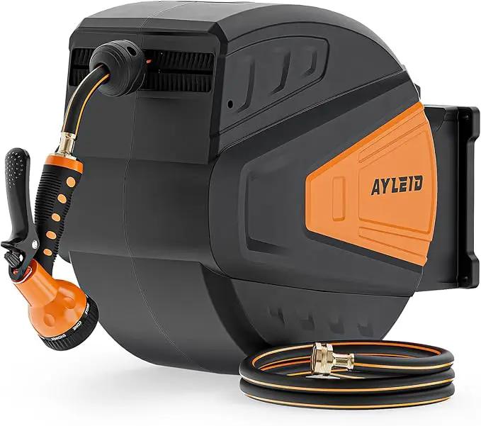 Ayleid Retractable Garden Hose Reel,1/2 in x 130 ft Wall Mounted Hose Reel, with 9- Function Sprayer Nozzle, Any Length Lock/Slow Return System/Wall Mounted/180°Swivel Bracket (Black) by GreenHaven Gardens