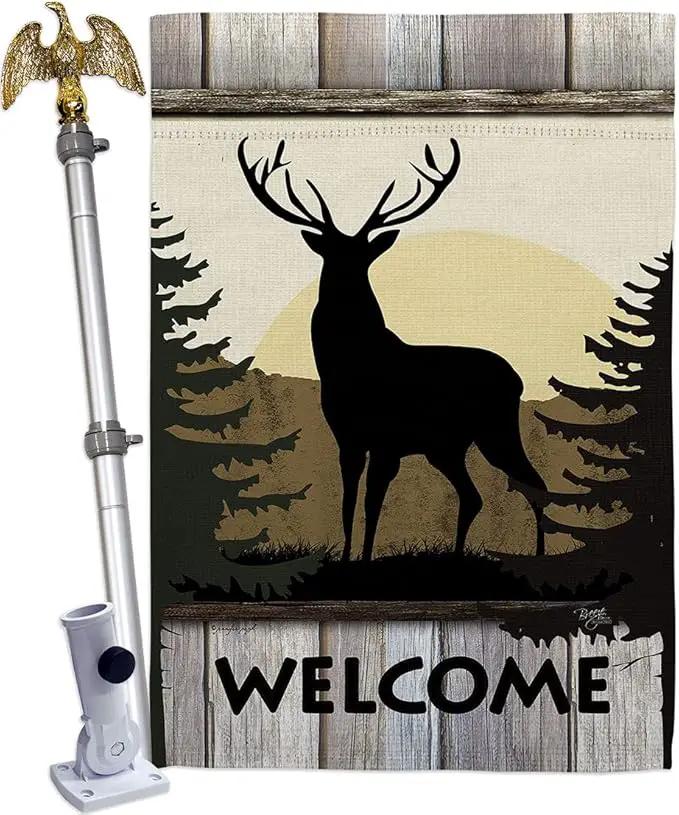Welcome Deer House Flag Eagle Set Animals Wildlife Outdoor Bear Wolf Pet Nature Farm Animal Creature Small Decorative Gift Yard Banner Made In USA 28 X 40 by GreenHaven Gardens