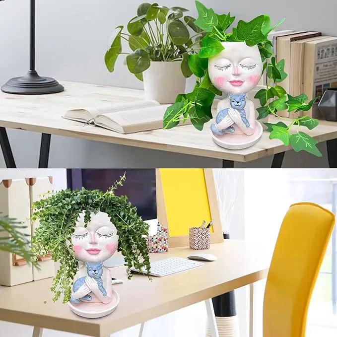 Head Planter with Drainage Hole, Resin Art Vase, Cute Lady Hugging Cat Succulent Flower Pots, Unique for Indoor Outdoor Decor, 7.28in by GreenHaven Gardens