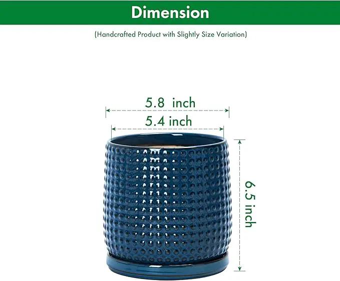 D'vine Dev Set of 2 Ceramic Plants Pots, 6 Inch Beaded Stoneware Flower Pot for Plants with Drainage Hole and Saucer, Midnight Blue, 27-E-X-3 by GreenHaven Gardens