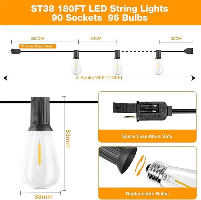 GLUROO Outdoor String Lights 180FT, 90+6Pcs Vintage Bulbs Shatterproof 2700K LED Patio String Lights Waterproof, Connectable Edison Style Lights, Hanging Lights for Backyard, Bistro by GreenHaven Gardens