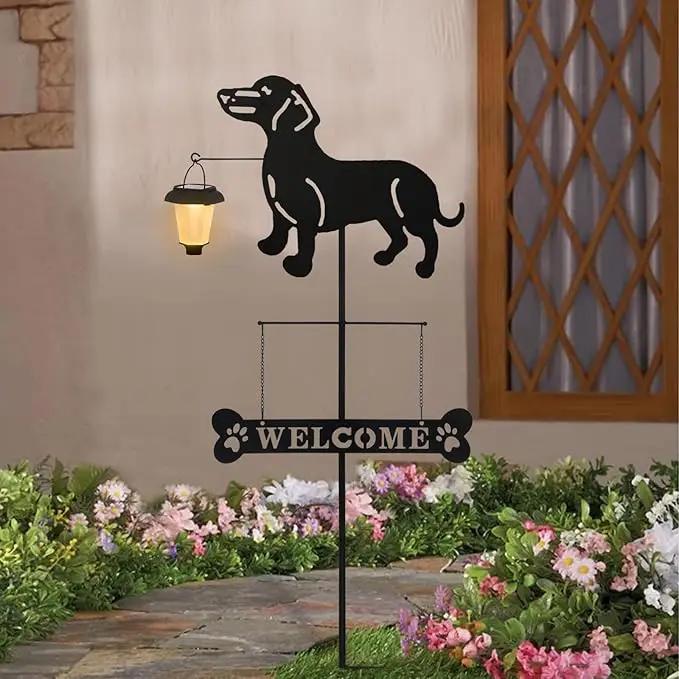 BAYN Solar Dachshund Silhouette Dog Breed Welcome Sign with a Lantern Outdoor Decorative Garden Stakes for Yard, Lawn, Patio, Pathway by GreenHaven Gardens