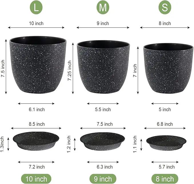 Plant Pots 10/9/8 inch, Set of 3 Modern Decorative Plastic Planters with Drainage Holes and Saucers for Garden House Plants, Flower Pots for Indoor Outdoor Plants, Speckled Black by GreenHaven Gardens