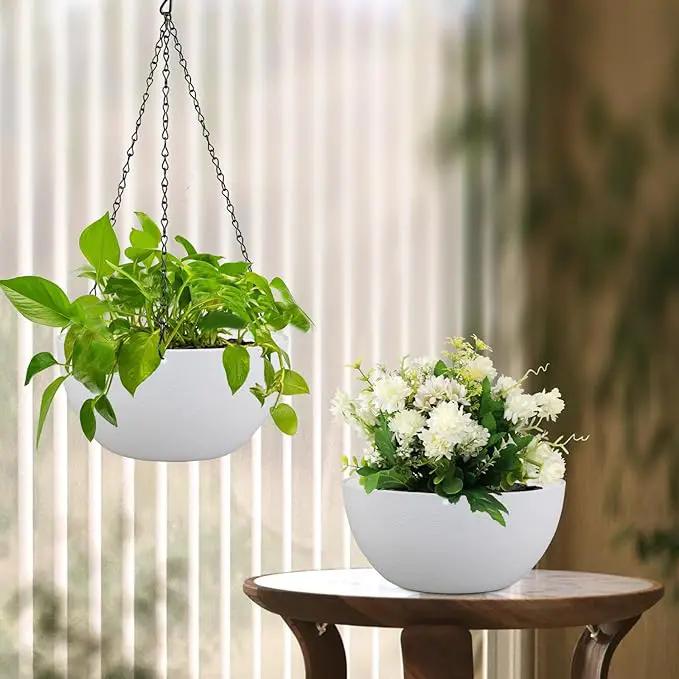 10 inch Hanging Planters for Indoor Outdoor Plants, 2 Pack Hanging Flower Pots with Drainage Holes and Chain for Garden Balcony Porch, Round Plastic Hanging Baskets for House Plants, White by GreenHaven Gardens