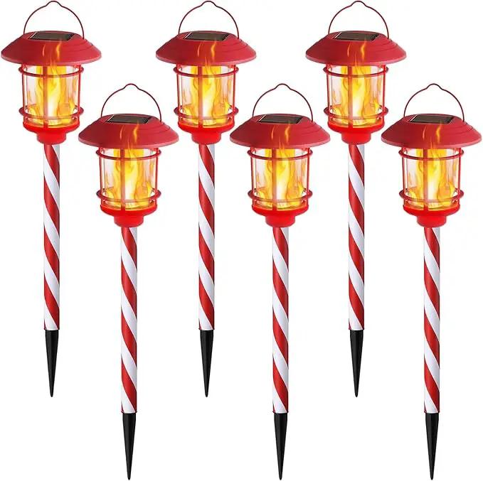 Dynaming 6 Pack Christmas Solar Flame Garden Lights Outdoor, Dual Use Flickering Flame Torch Candy Cane Pathway Marker, Xmas Hanging Lantern Lights, Waterproof & Auto On/Off for Patio Walkway Driveway by GreenHaven Gardens