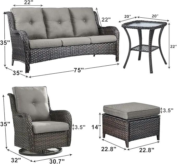 Outdoor Wicker Patio Furniture Set - 6 Piece Rattan Patio Conversation Set with 2 Rocking Swivel Chairs,2 Ottomans,1 Sofa and 1 Side Table for Porch Deck Backyard Garden(Brown/Grey) by GreenHaven Gardens