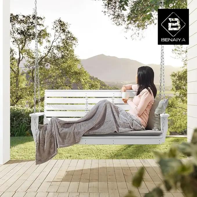 Heavy Duty Poly Lumber HDPE Porch Swing with Mounting Kit and Accessories Outdoor Hanging Chair with Cup Holders Swinging Bench for Patios, Backyard Poly Wooden Seating, Sturdy Steel Chains by GreenHaven Gardens