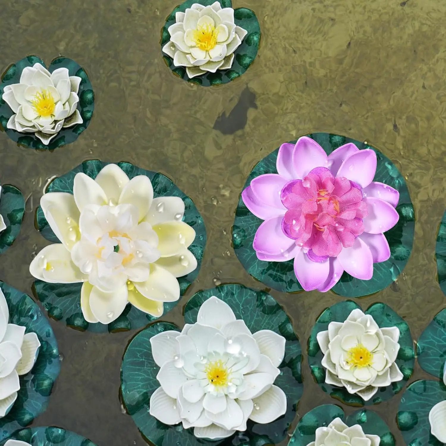 2PCS 10CM/3.94Inch Birdbath Fountain Accessory, Artificial Floating Foam Lotus Flower with Water Lily Pad, Artificial Lotus Flowers Decor, Lotuss Leaf Flower Floating Garden Pond Decor, Pool Decoratio by GreenHaven Gardens