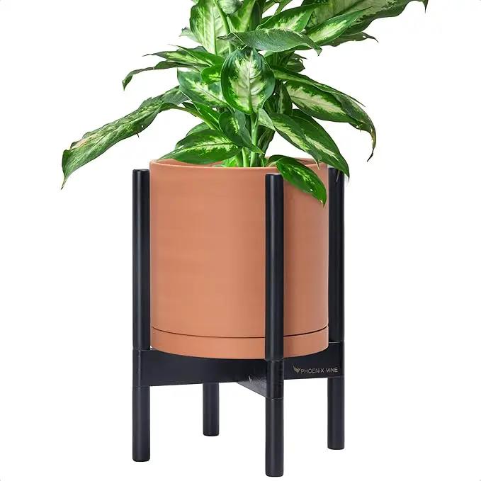 D'vine Dev Terracotta Planter with Ebony Stand - 10 Inch Modern Round Flower Pot with Wood Planter Holder, Terracotta, 55-B-L-5 by GreenHaven Gardens