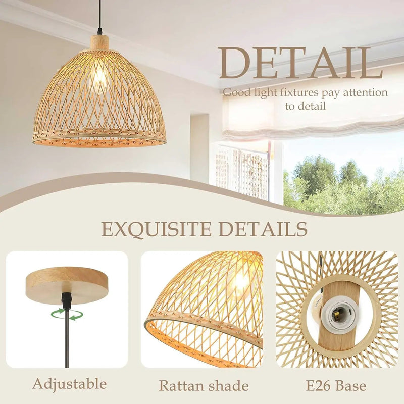 Hand-Woven Rattan Pendant Light, 16 Inch Boho Wicker Lights Fixture Wite Adjustable Cable, Coastal Hanging Lighting for Kitchen Island Dining Room Living Room Entrance Foyer by GreenHaven Gardens