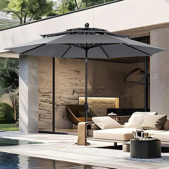 PHI VILLA 10ft Outdoor Patio Umbrellas for Outside, 3 Tier Vented Market Table Umbrella Windproof for Backyard, Deck, Garden, 1.5" Pole, Grey（No Base） by GreenHaven Gardens