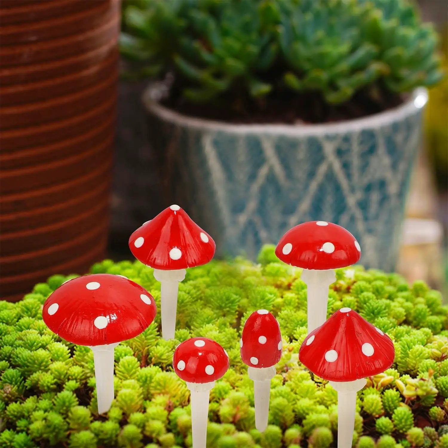 Juegoal Set of 6 Fairy Garden Miniature Mushrooms Statues, Glow in Dark Mini Red Mushroom Resin Figurines, Outdoor Garden Yard Art Accessories, Fly Agarics Sculpture Lawn Ornament Decorations by GreenHaven Gardens