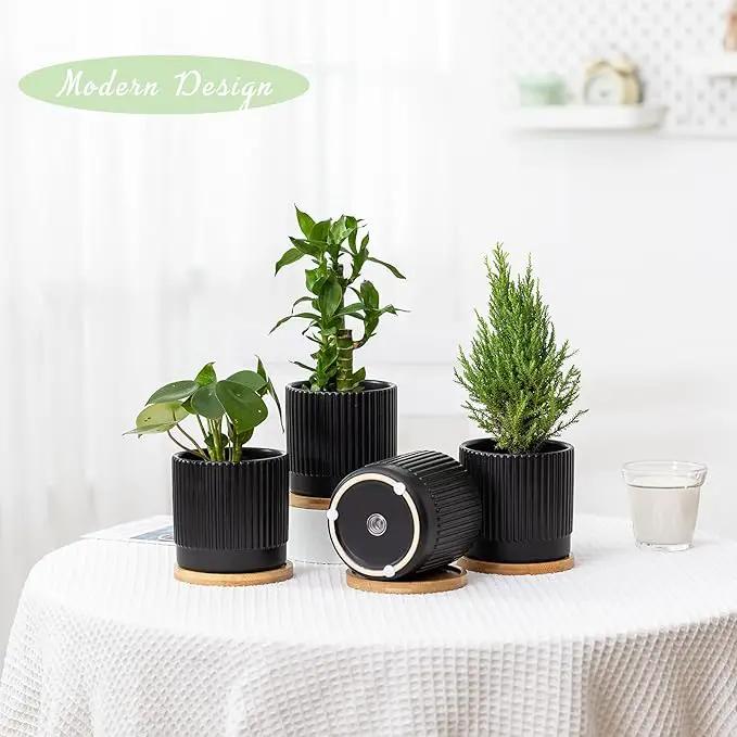 AOMRYOM 4.25 Inch Small Garden Ceramic Plant Pots with Drainage Holes and Tray, Modern Flower Planter Pots for Indoor Plants, Succulent, Cactus and Herbs, Black Stripe, Set of 4 (Plant Not Included) by GreenHaven Gardens