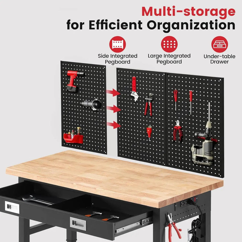 Work Bench for Garage 48 x 24 Inch Adjustable Height Workbenches with Drawers Heavy Duty Rubberwood Tabletop Work Table with Pegboard, Power Outlets for Office Home Commercial by GreenHaven Gardens