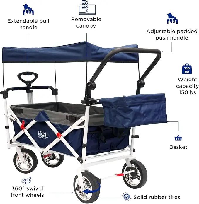 Creative Outdoor Wagon for Kids Push Pull Collapsible Stroller Folding Cart | Silver Series | Beach Park Garden & Tailgate | Navy Blue by GreenHaven Gardens
