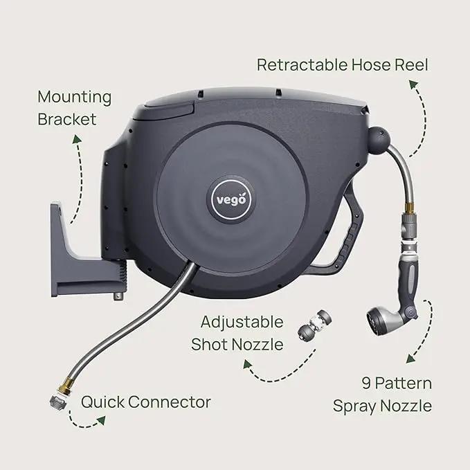 Vego Garden Hose Reel Retractable Hi-Flow x 100ft Wall Mounted Hose Reel Automatic Rewind, Any Length Lock with 9 Patterns Sprayer Nozzle, Quick Connector and Adjustable shot Nozzle-Cloud White by GreenHaven Gardens