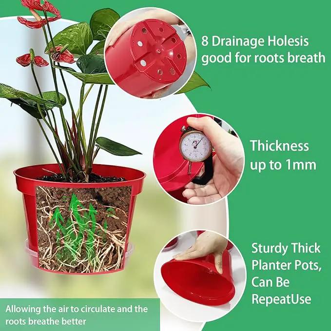 8 inch Plastic Flower Pots, Red Plant Pots 12Pack with Saucers for Indoor House Plants Growing and Decoration by GreenHaven Gardens