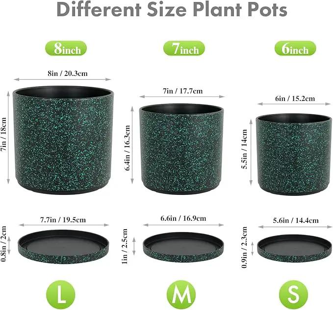 8/7/6 inch Plant Pots, 3 Pack Cylindrical Flower Pots for Outdoor Indoor Plants, Decorative Plastic Planters with Drainage Holes and Saucers for Garden House Plants, Black with Green Speckles by GreenHaven Gardens