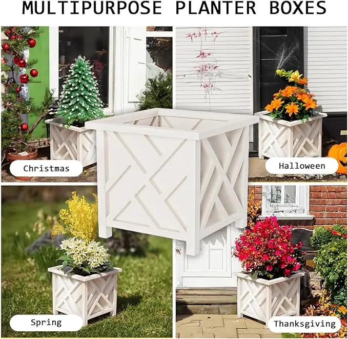Lattice Design Planter Box 2-Pack – 14.75-Inch Decorative Outdoor Flower or Plant Pots – Front Porch, Patio, and Garden Decor by Pure Garden (White) by GreenHaven Gardens