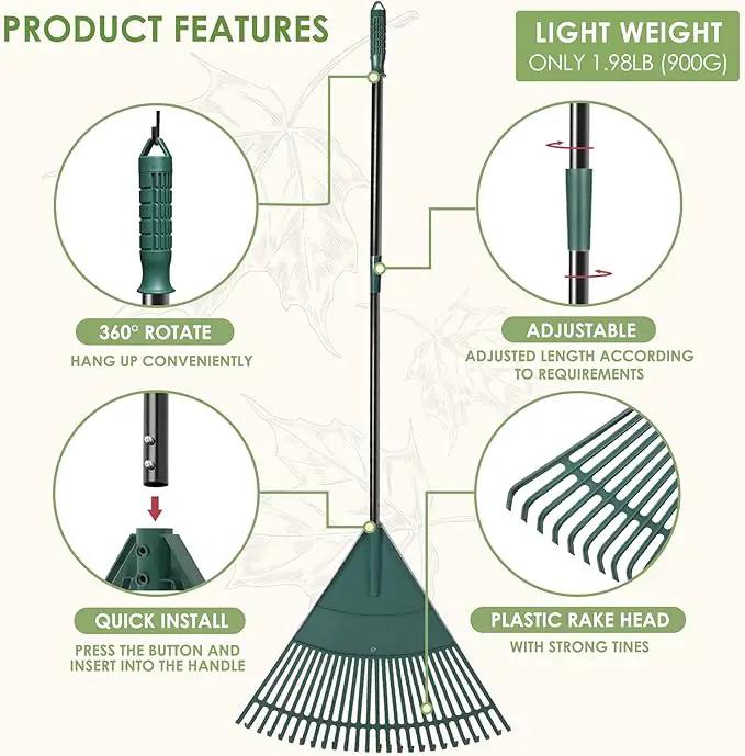 ORIENTOOLS Garden Leaf Rake, Garden Rakes for Lawns Leaves with 47-65" Adjustable Black Handle Rake, 26 Strong Tines Plastic Head Shrub Rake, Yard Garden Rake for Lawns, Flower Beds Leaves Cleaning