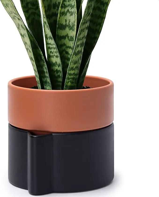 6.5 Inch Self-Watering Planter Pot with Terracotta Insert, Deep Water Reservoir, and Ceramic-Alike BPA-Free Plastic Pot for Plant, Modern Planter for Houseplants, Black/Terracotta, 53-B-S-5 by GreenHaven Gardens