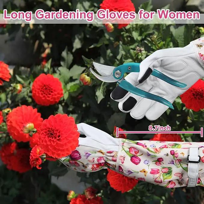 DLY Gardening Gloves for Women, Rose Gloves Gardening Thorn Proof, Long Garden Gloves for Women, Breathable Cowhide Leather Gauntlet(Medium,White) by GreenHaven Gardens