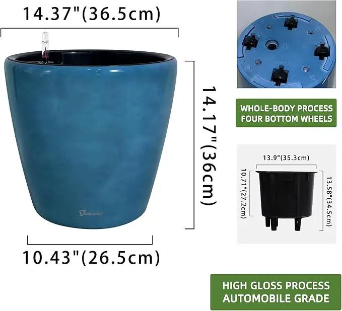 Dexceder 15x14 Self Watering Planter with Wheels Indoor Outdoor, Inner Pot Design, Thickened Large Floor Standing Flower Plant Pot with Water Level Indicator (Peacock Blue Gradient) by GreenHaven Gardens