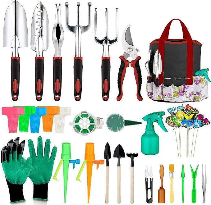 Garden Tools Set 83 Piece Succulent Tools Set Included, Heavy Duty Aluminum Gardening Tools for Gardening, Ergonomic Handle Tools, Storage Tote Bag, Gifts Tools for Men Women (Red) by GreenHaven Gardens