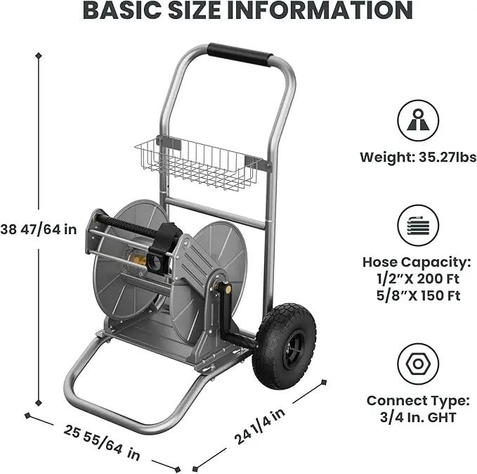 Giraffe Tools Garden Hose Reel Cart with Wheels, Heavy Duty Metal Water Hose Reel Cart, 200 ft of 1/2 Capacity, Mobile Hose Reel Cart for Outside by GreenHaven Gardens