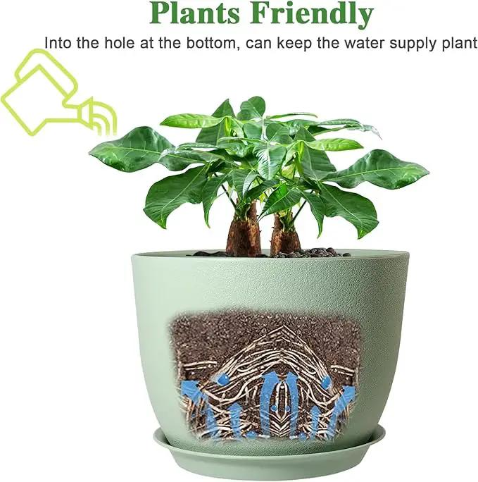 12/10/9 Large Modern Plant Pots, Plastic Planters with Drainage Holes and Saucers for Indoor Outdoor Plants Flowers, Green by GreenHaven Gardens