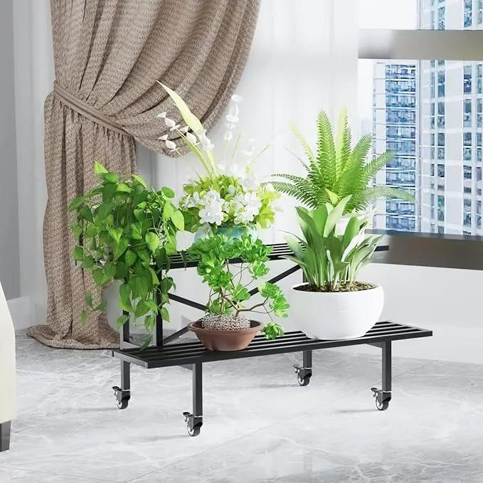 Zhongma 2 Tier Sturdy Metal Plant Stand with Wheels Heavy Duty Plant Holder for Home Indoor and Outdoor,L45.67 x W17.5 x H16.14 inch,440 LBS Capacity & Heavy Duty Construction by GreenHaven Gardens