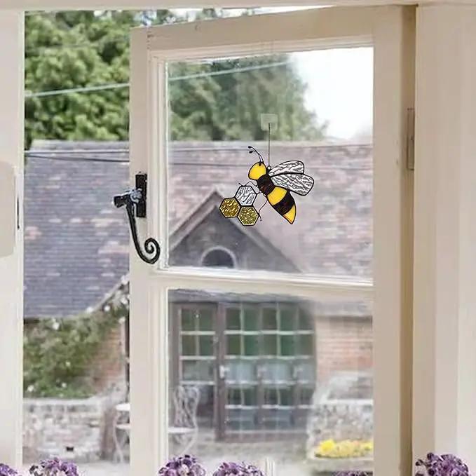 Bee On Honeycomb Stained Glass Window Hangings, Bee Suncatcher Garden Bee Decor Bee Gift for Mom Women by GreenHaven Gardens