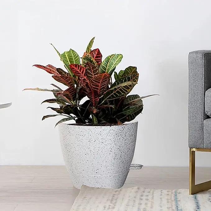 Large Self Watering Pots, 12/10/9 Plastic Planters with High Drainage Holes and Deep Reservoir for Indoor Outdoor Garden Plants and Flowers, White Speckles by GreenHaven Gardens
