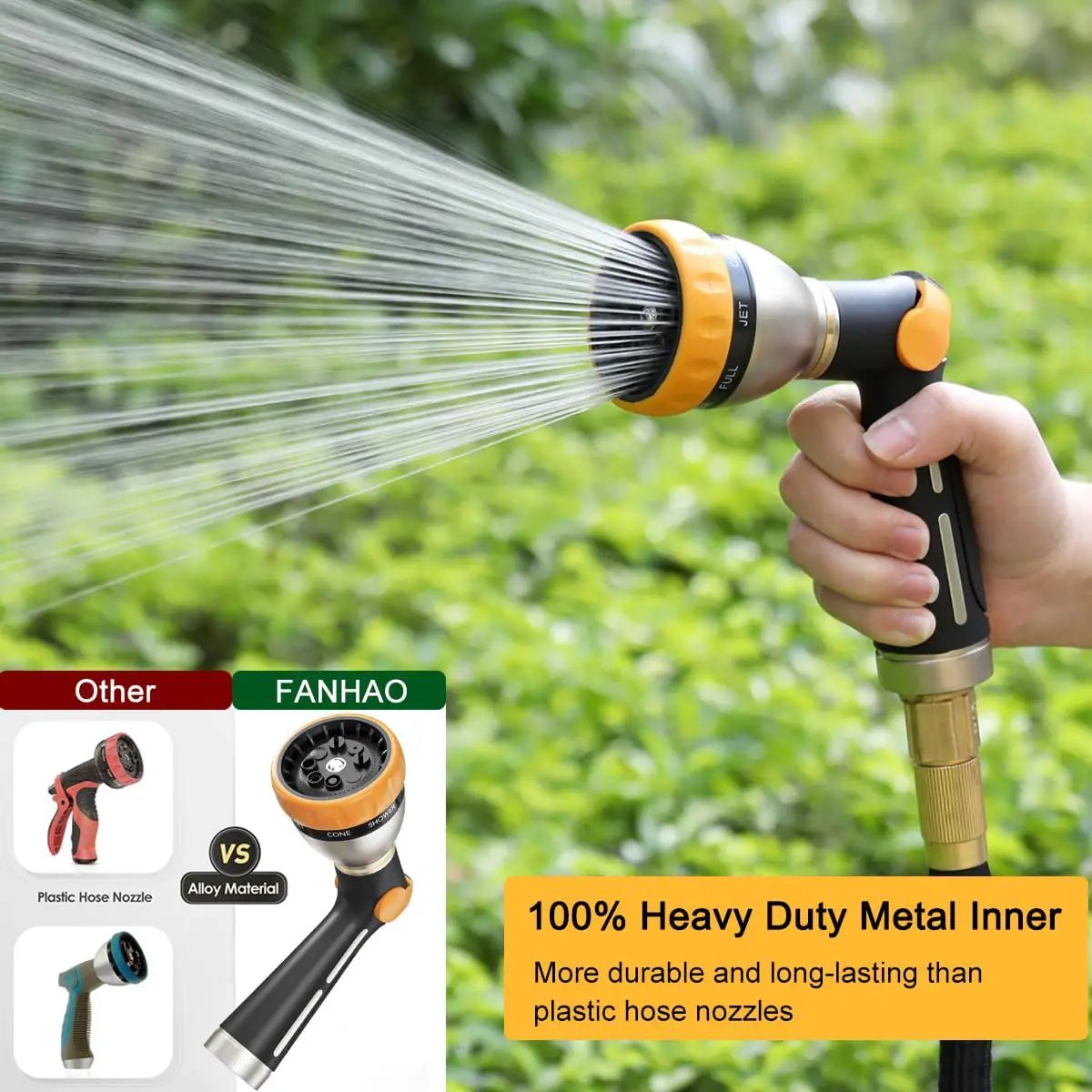 FANHAO Garden Hose Nozzle, 100% Heavy Duty Metal Spray Nozzle with Thumb Control, High Pressure Water Nozzle with 8 Adjustable Spray Patterns for Watering Plants, Washing Cars and Showering Pets by GreenHaven Gardens