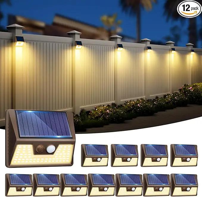 12 Pack Solar Motion Lights for Outside, Waterproof Fence Lights Outdoor, Warm White LED Wall Lights Wireless for Yard Steps Stairs Garden - Brown by GreenHaven Gardens