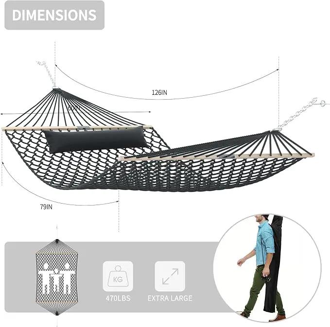 13FT Hammocks, Traditional Hand Woven Cotton Rope Hammock with Free Extension Chains for Outdoor Indoor Patio Yard 450 LSB Capacity for Two Person (Dark Grey) by GreenHaven Gardens