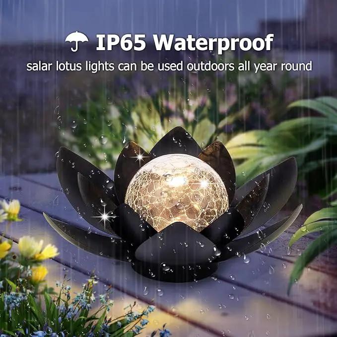 Huaxu Solar Lights Outdoor Garden Decor Metal Black Lotus Decoration, Crackle Globe Glass Waterproof LED Outside Table Lamp for Patio,Lawn, Yard,Walkway,Tabletop,Ground Gifts for Mom by GreenHaven Gardens