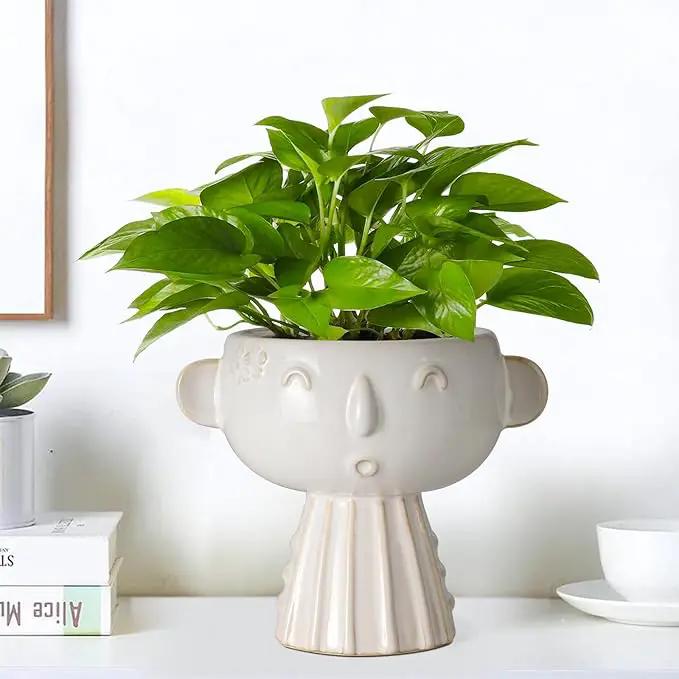 Face Planter Pot 7 Inch - Cute Ceramic Flower Head Planter for Indoor Outdoor Succulent Pot with Drainage Hole Flower Pot Present for Mother Christmas White by GreenHaven Gardens