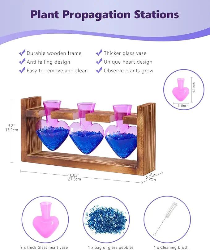 Nacome Plant Terrarium for Office Decor: Birthday Gifts for Plant Lovers Women Mom Wife - Wooden Stand Tabletop Planter 3 Bulb Glass Vase Heart Shaped for Hydroponics Indoor Home(Purple) by GreenHaven Gardens