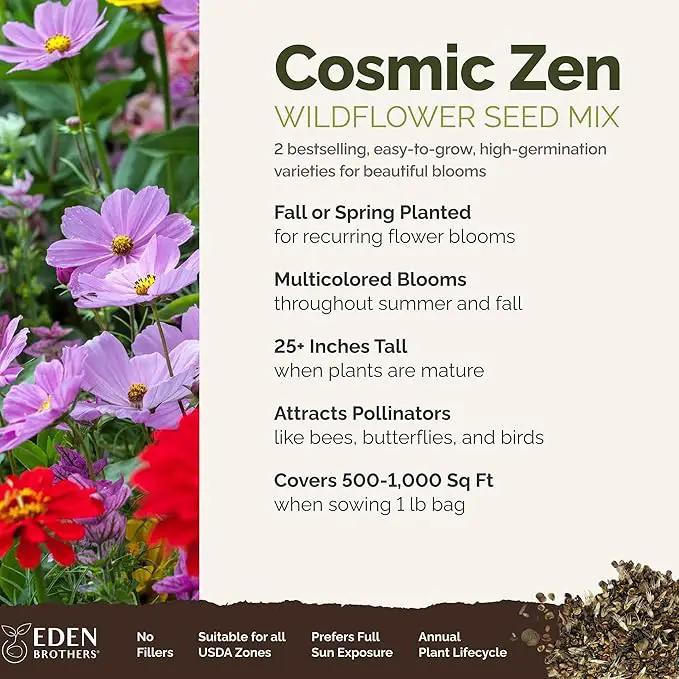 Eden Brothers Cosmic Zen Flower Mixed Seeds for Planting, 1 lb, 480,000+ Seeds with Zinnia Dahlia Flowered, Cosmos Sensation | Attracts Pollinators, Plant in Spring, Zones 3, 4, 5, 6, 7, 8, 9, 10 by GreenHaven Gardens