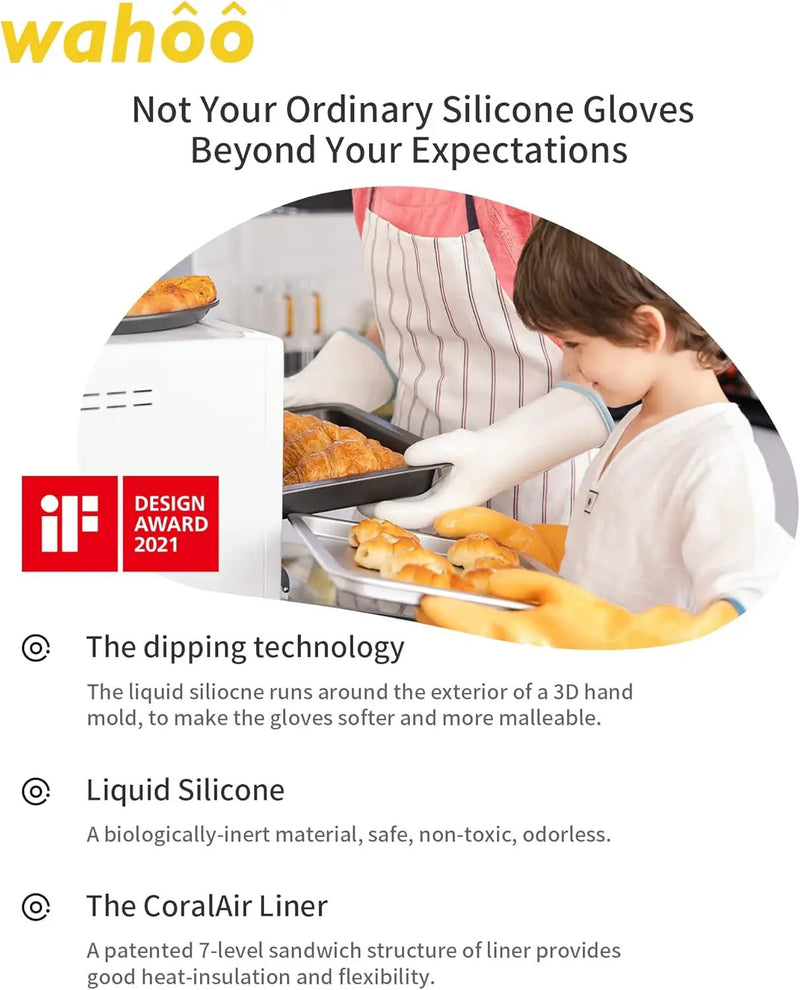 wahoo Professional Liquid Silicone Oven Mitts Gloves, Heat Resistant Gloves for Cooking, Baking, CoralAir Liner, 12 Inch, White, X-Large by GreenHaven Gardens