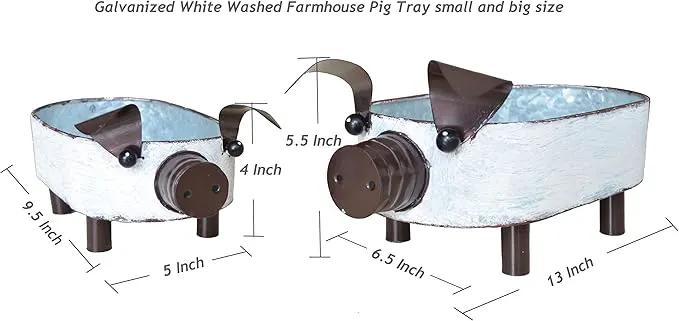 Galvanized Metal White Washed Farmhouse Pig Tray Distressed Pig Tabletop Centerpiece Décor Set of 2 by GreenHaven Gardens