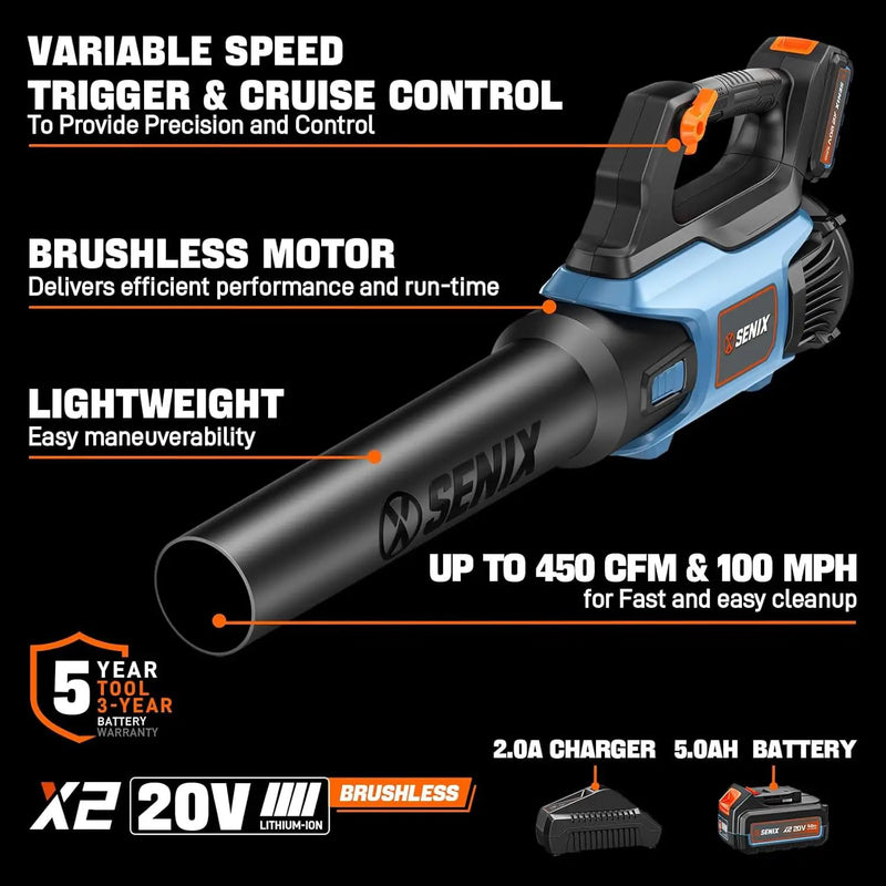 SENIX 20V Max Leaf Blower, Cordless, Brushless, Handheld, Up to 450 CFM and 100 MPH, 2 Speed Mode, Cruise Control, Lightweight, 5.0 Ah Battery and Charger Included (BLAX2-M3) by GreenHaven Gardens