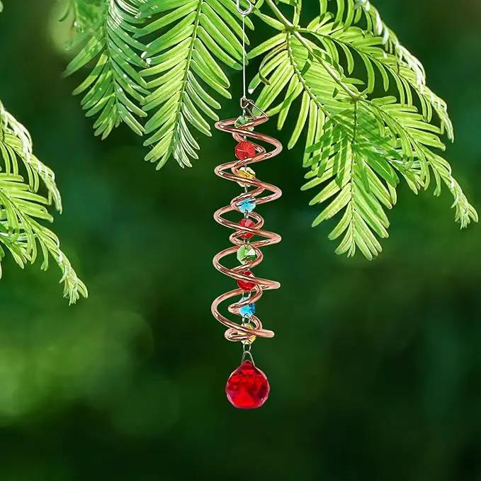 FONMY Gazing Ball Spiral Tail -Decorative Wind Spinner Sun Catcher Rainbow Maker Copper Double-Spiral W/Red Crystal Ball and Chain Crystals Beads for Indoor Outdoor Garden Decoration -14 inch Height by GreenHaven Gardens
