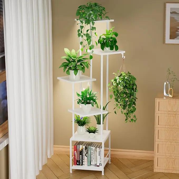 Plant Stand Indoor with Grow Light, 6-Tiered Tall Plant Stand Indoor, Metal Plant Shelf with Hanging Basket Hook and Adjustable Light, Ideal for Living Room, Garden, Patio white by GreenHaven Gardens