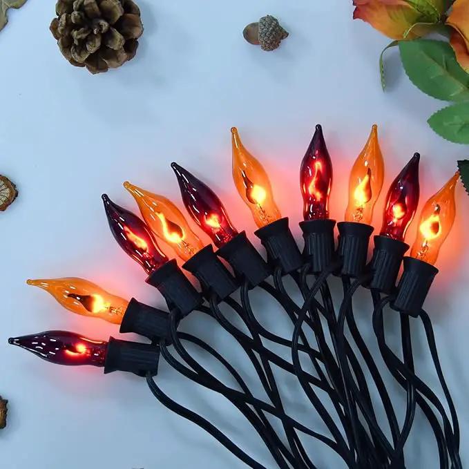 12.8Ft Halloween Decorations - Indoor/Outdoor Flickering Flame String Lights, Orange & Purple, 12 Pack C7 Flame Lights Bulbs by GreenHaven Gardens