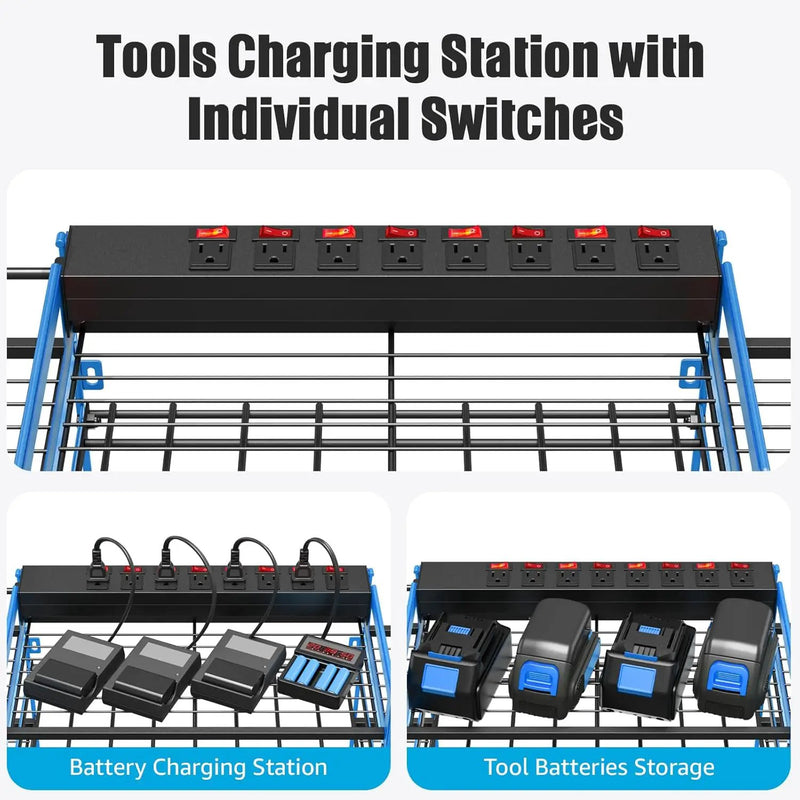 CCCEI Blue Power Tool Organizer Wall Mount, Large Tools and Battery Storage Rack Charging Station Individual Switches. Drills Holder, Garage Utility Shelves with 6FT Power Strip. Gift for Men. by GreenHaven Gardens