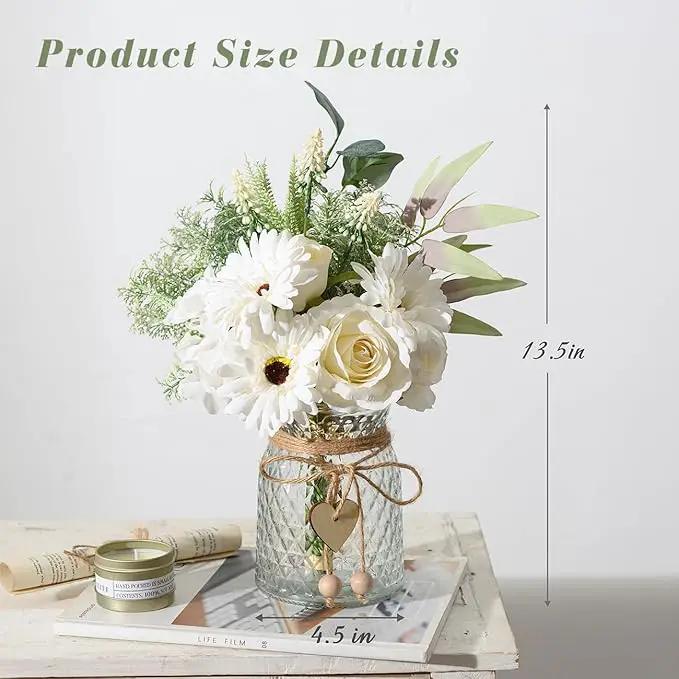 Artificial White Flowers with Vase, Fake Flowers Arrangement for Home Decor, Faux Flowers for Farmhouse Coffee Table Decor, House Kitchen Centerpiece Table Decorations by GreenHaven Gardens